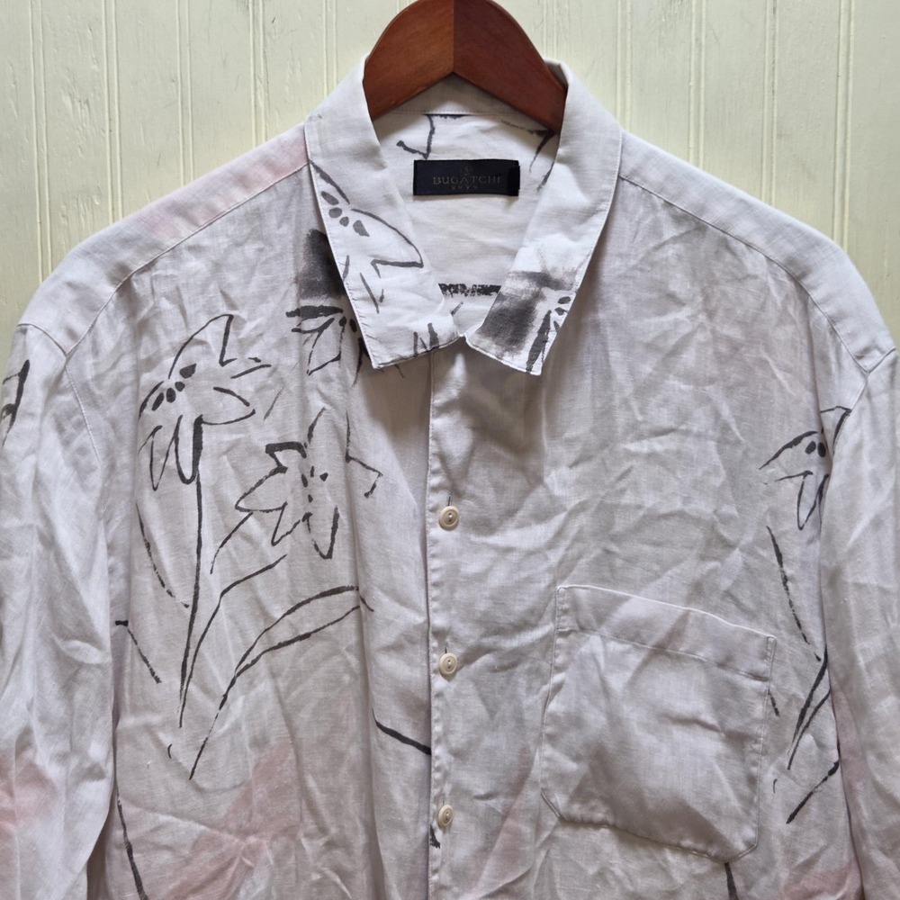 Bugatchi Shirt Mens 2XL White Linen Floral Short Sleeve Relaxed Fit Button-Up